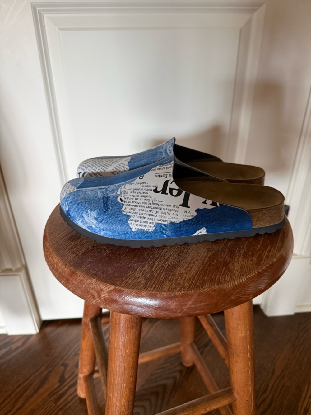 Birkenstock Blue Newspaper Print Clogs